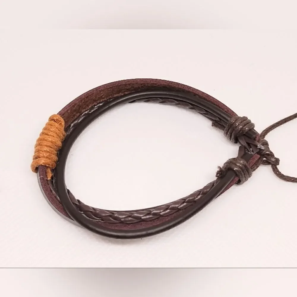 Men's bracelet leather braided layered brown new d88